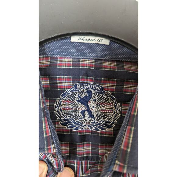 Bugatchi men shaped fit plaid navy button up dress shirt long sleeve Medium - Picture 3 of 9